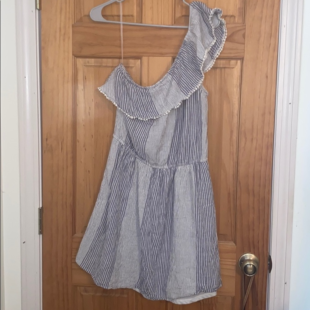 One shoulder blue and white striped dress